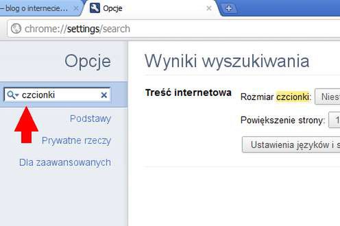 Chrome 10 - wyszukiwarka opcji