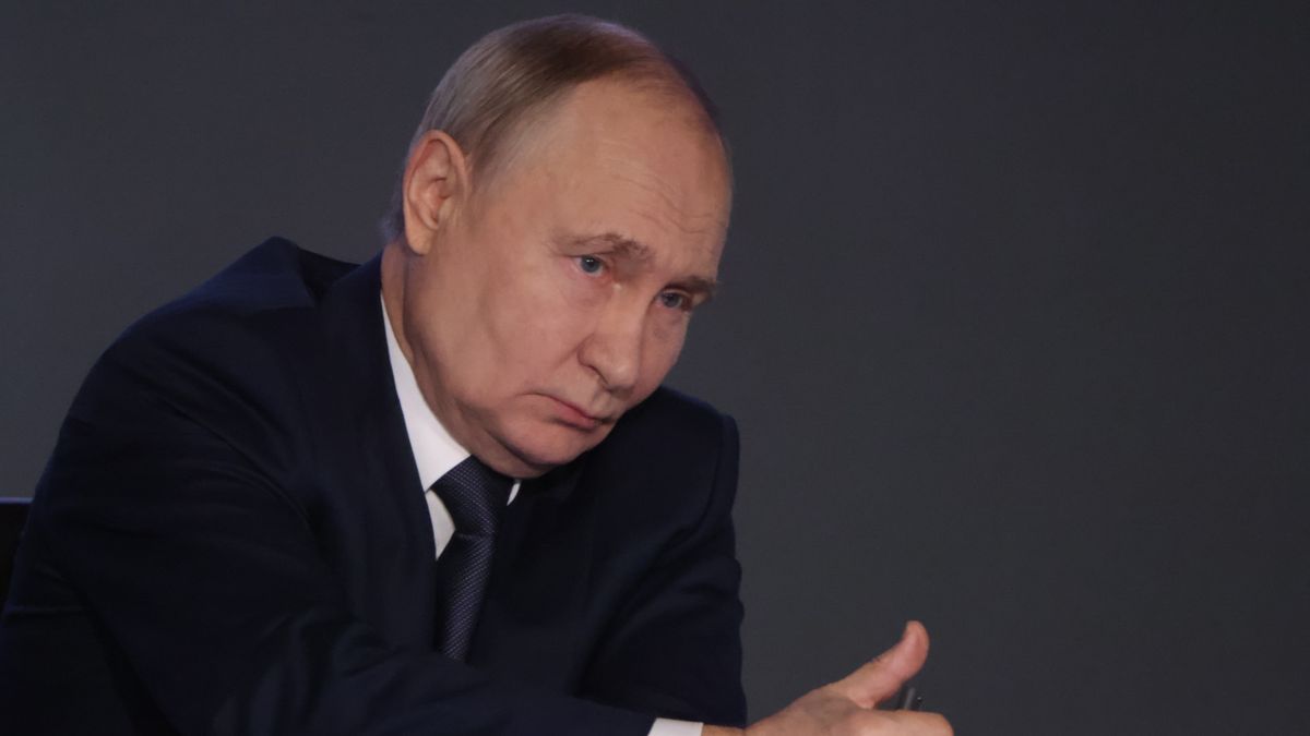 MOSCOW, RUSSIA - MARCH 5: (RUSSIA OUT) Russian President Vladimir Putin grimaces during the Expanded Board of the Ministry on March 5, 2025, in Moscow, Russia. Putin visited the headquarters of Russian Police for an annual speech. (Photo by Contributor/Getty Images)