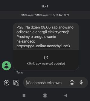 Fałszywy SMS o odłączeniu energii elektrycznej