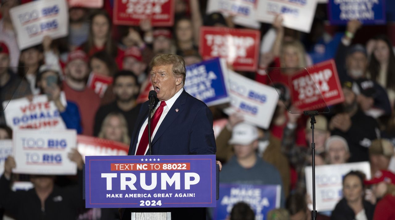 GREENSBORO, NC - MARCH 2: Republican presidential candidate former President Donald Trump speaks during a rally at the Greensboro Coliseum, in Greensboro, NC on Saturday, March 2, 2024. (Photo by Scott Muthersbaugh for The Washington Post via Getty Images)