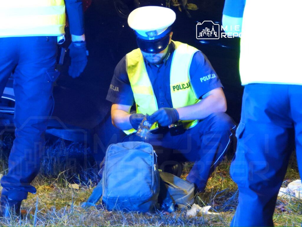 Policjant w kamizelce odblaskowej przeszukuje torbę na trawie obok zaparkowanego samochodu.
