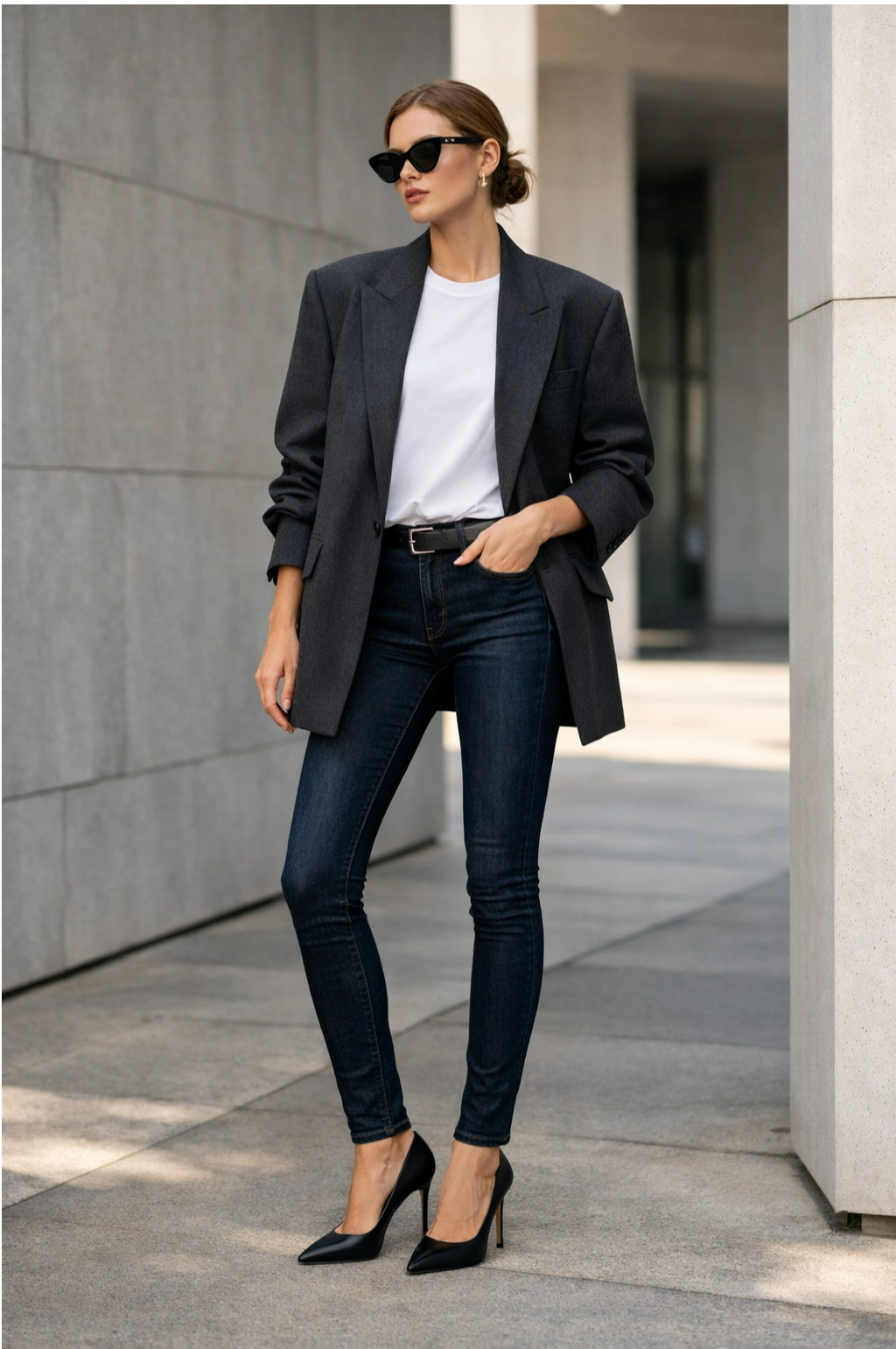 Woman in black skinny jeans and oversized blazer