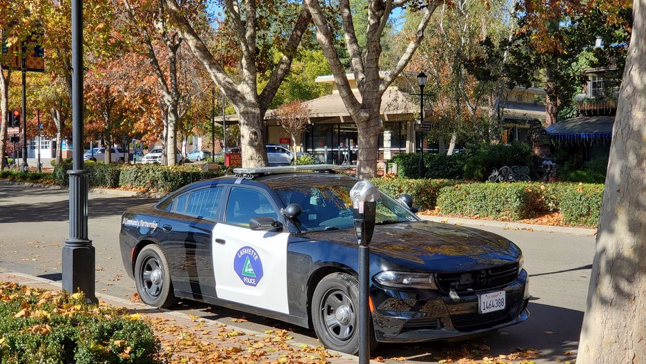A Lafayette Police Department vehicle is visible in downtown Lafayette, California, November 20, 2021. (Photo by Smith Collection/Gado/Getty Images)