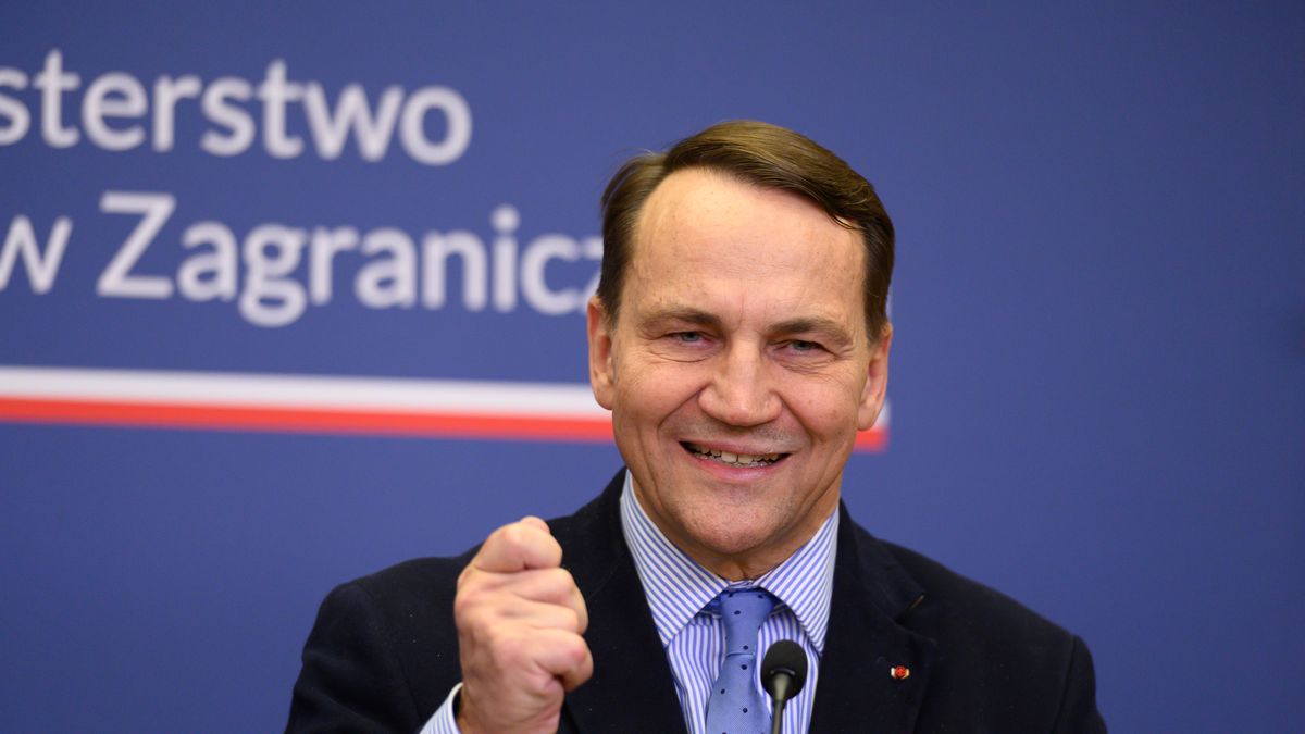 Polish Deputy Prime Minister and Foreign Minister Radoslaw Sikorski gestures as he speaks during a joint press conference with his Czech counterpart Petr Macinka in Warsaw, Poland, on February 16, 2026. (Photo by Aleksander Kalka/NurPhoto via Getty Images)