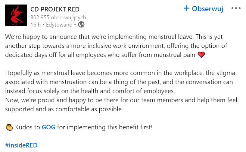 Urlop menstruacyjny w CD Projekt Red