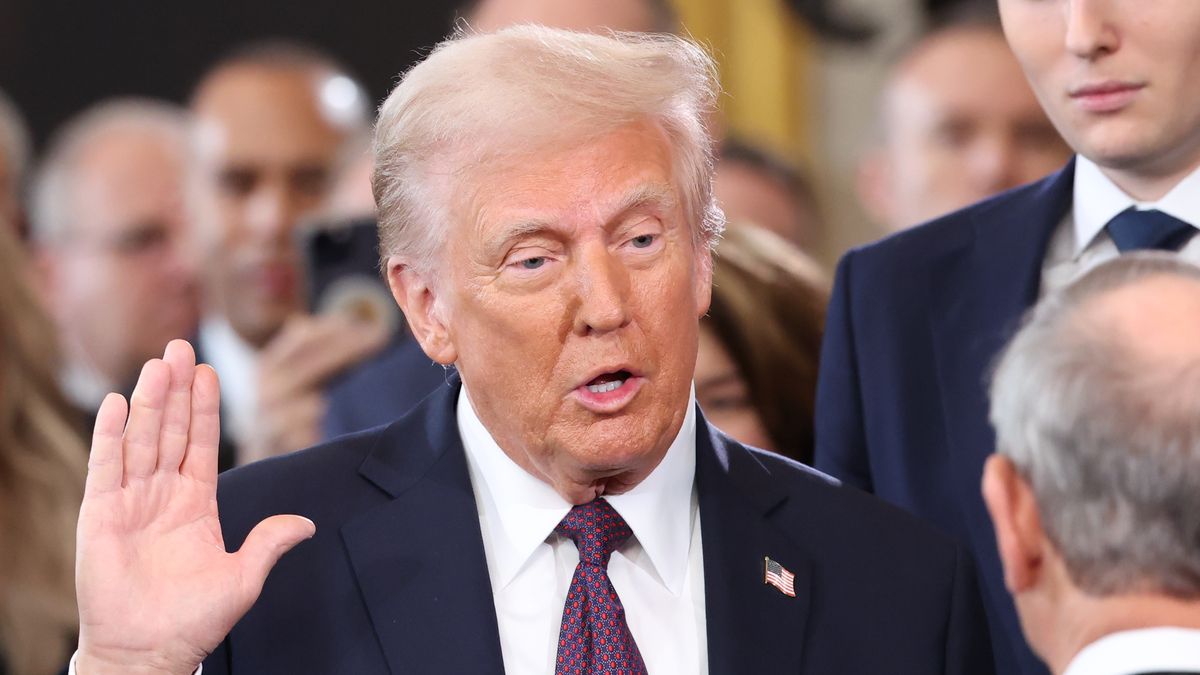 WASHINGTON, DC - JANUARY 20: U.S. President-elect Donald Trump takes the oath of office during inauguration ceremonies in the U.S. Capitol Rotunda on January 20, 2025 in Washington, DC. Donald Trump takes office for his second term as the 47th president of the United States. (Photo by Kevin Lamarque - Pool/Getty Images)