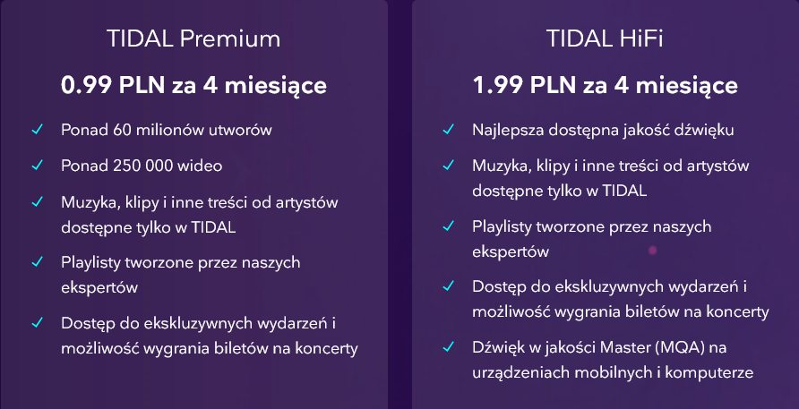 Dwa atrakcyjne pakiety, ale tylko dla nowych użytkowników (fot. Tidal)