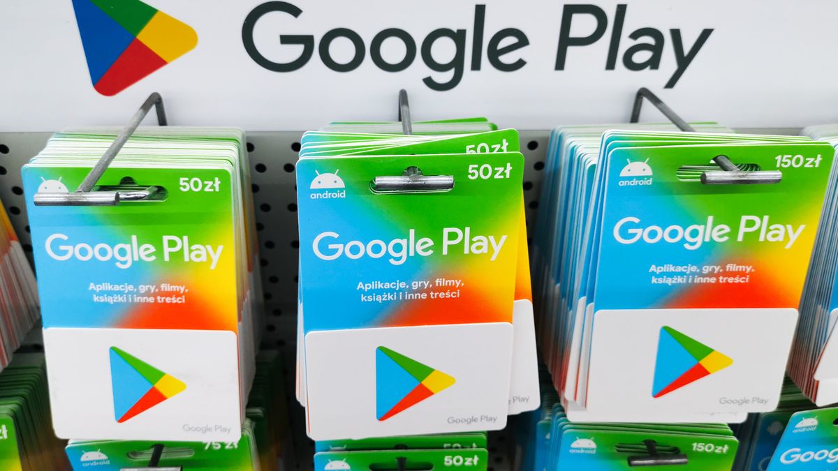 Google Play gift cards are seen in a store in Krakow, Poland on October 4, 2023. (Photo by Beata Zawrzel/NurPhoto via Getty Images)