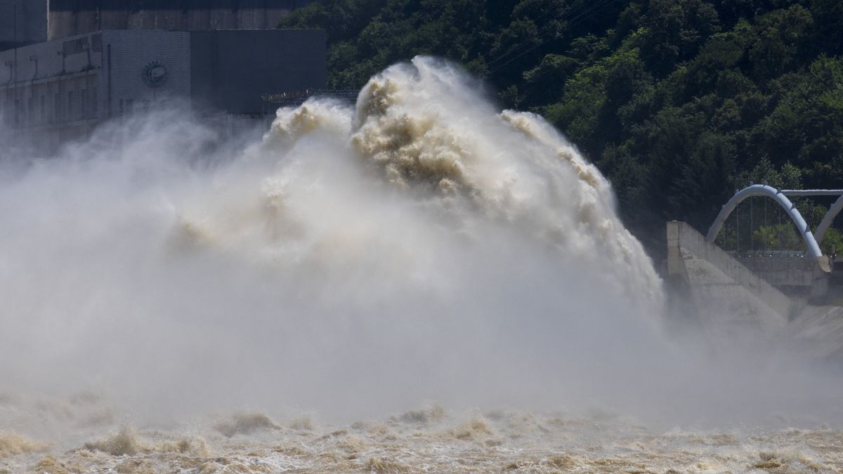 JILIN, CHINA - JULY 18: Flood water gushes out from spillways of the Fengman Dam on July 18, 2026 in Jilin, Jilin Province of China. (Photo by VCG/VCG via Getty Images)