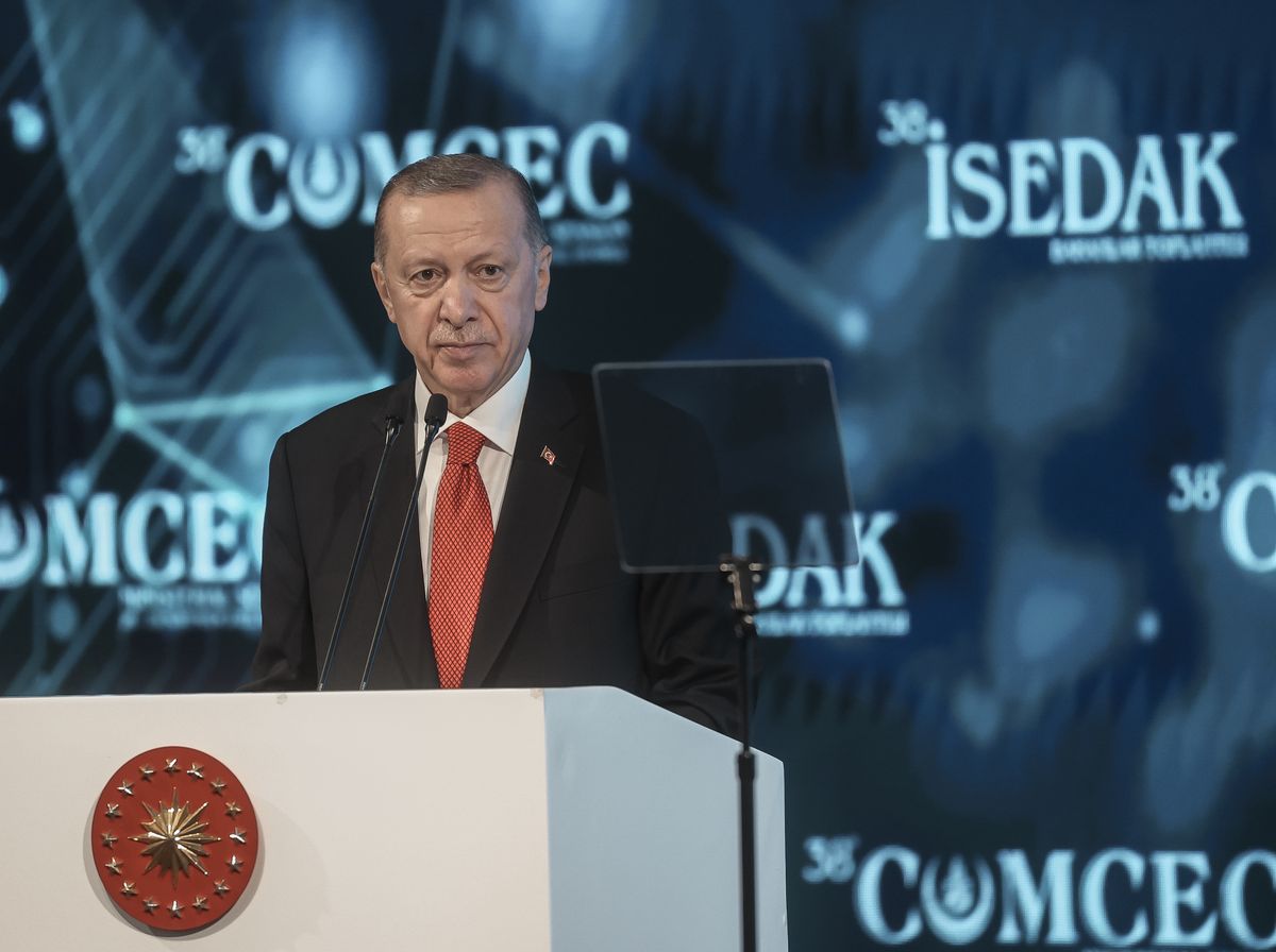 ISTANBUL, TURKIYE- NOVEMBER 28: President of Türkiye, Recep Tayyip Erdoğan speaks at The 38th Ministerial Session of the COMCEC on November 28, 2022 in İstanbul, Türkiye. (Photo by Ozan Güzelce/ dia images via Getty Images)