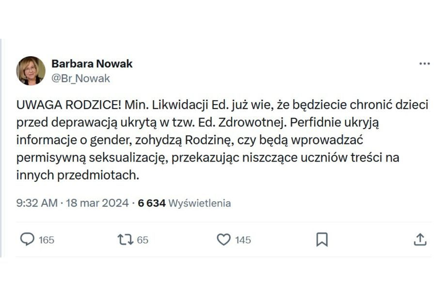 Barbara Nowak grzmi na platformie X