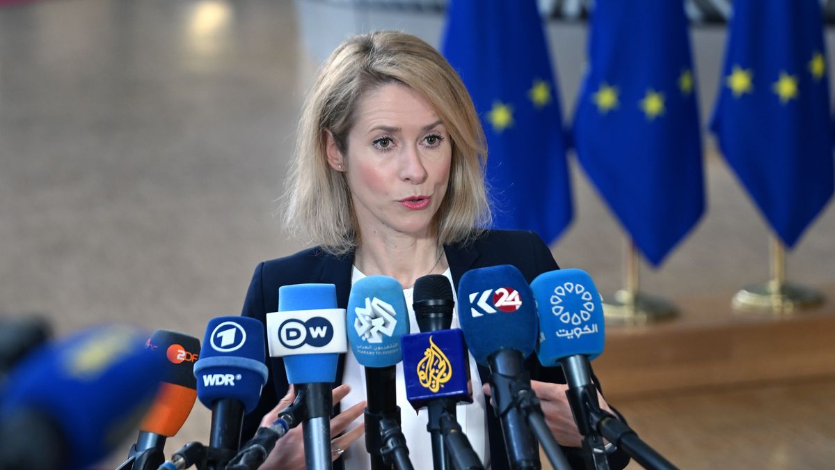 BRUSSELS, BELGIUM - FEBRUARY 23: European Union High Representative for Foreign Affairs and Security Policy Kaja Kallas speaks to press ahead of a meeting of European Union Foreign Ministers as discussions focus on the latest developments in Ukraine and the situation in the Middle East, in Brussels, Belgium on February 23, 2026. (Photo by Dursun Aydemir/Anadolu via Getty Images)