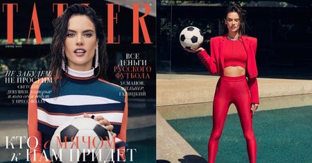 Zdziwiona Alessandra Ambrosio pozuje z piłką