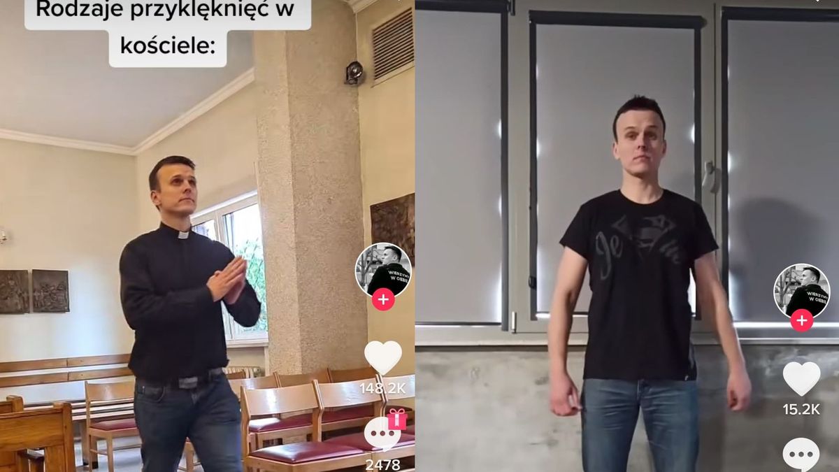 Ksiądz pokazuje jak klęknąć w kościele.