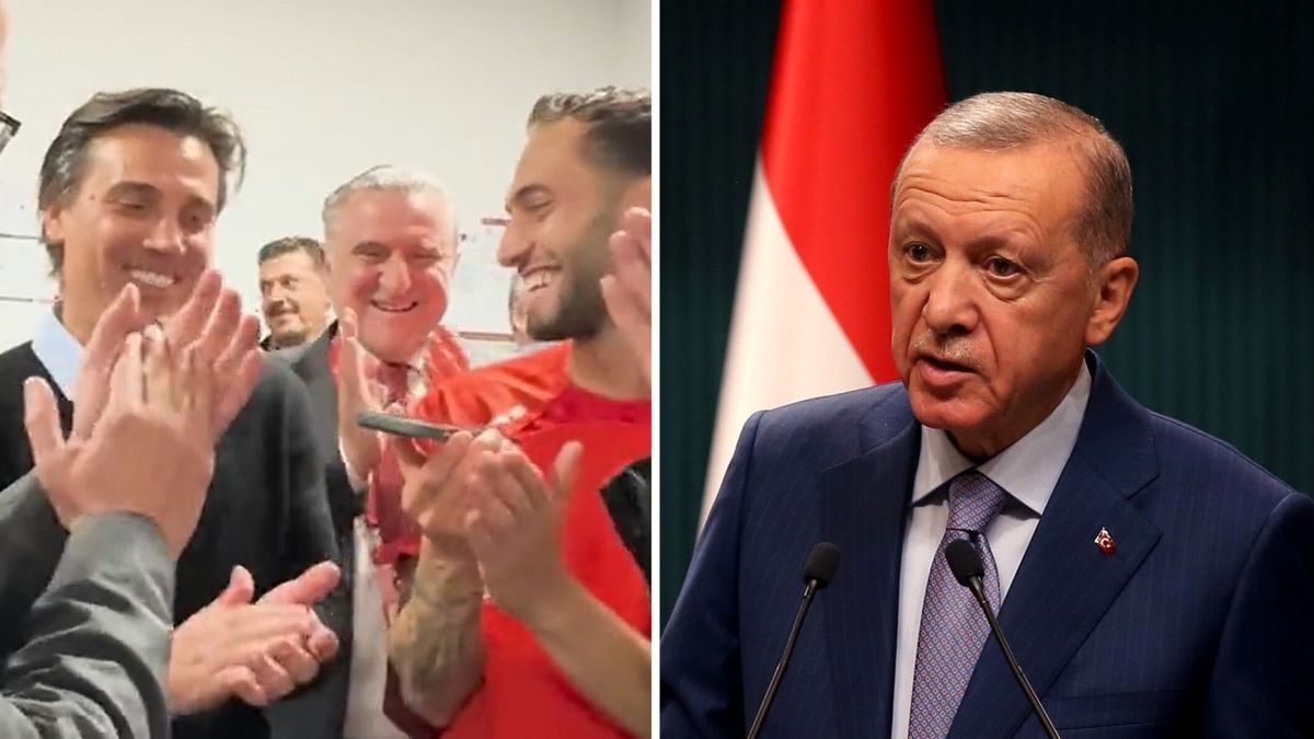 Po lewej kadra Turcji świętująca zwycięstwo nad Chorwacją. Po prawej Recep Erdoğan