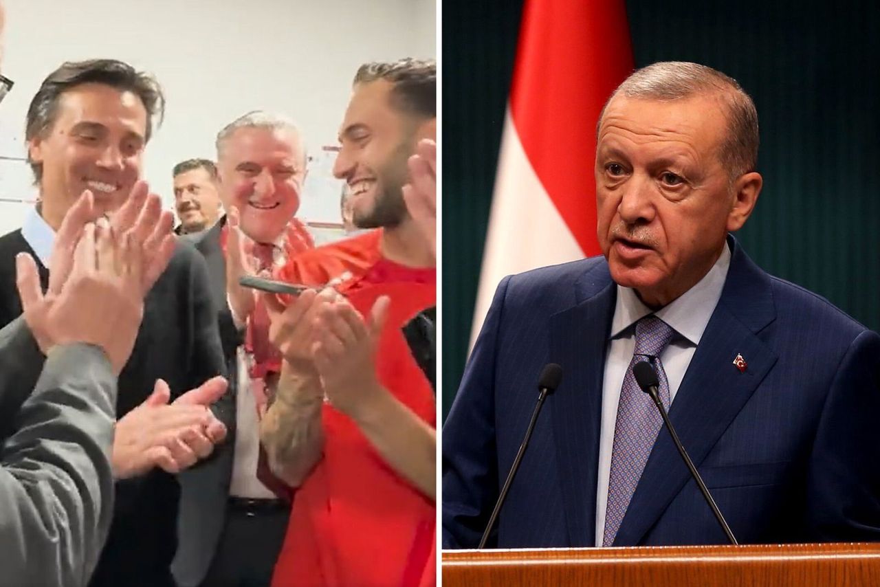 On the left, Turkey's squad celebrating victory over Croatia. On the right, Recep Erdoğan.