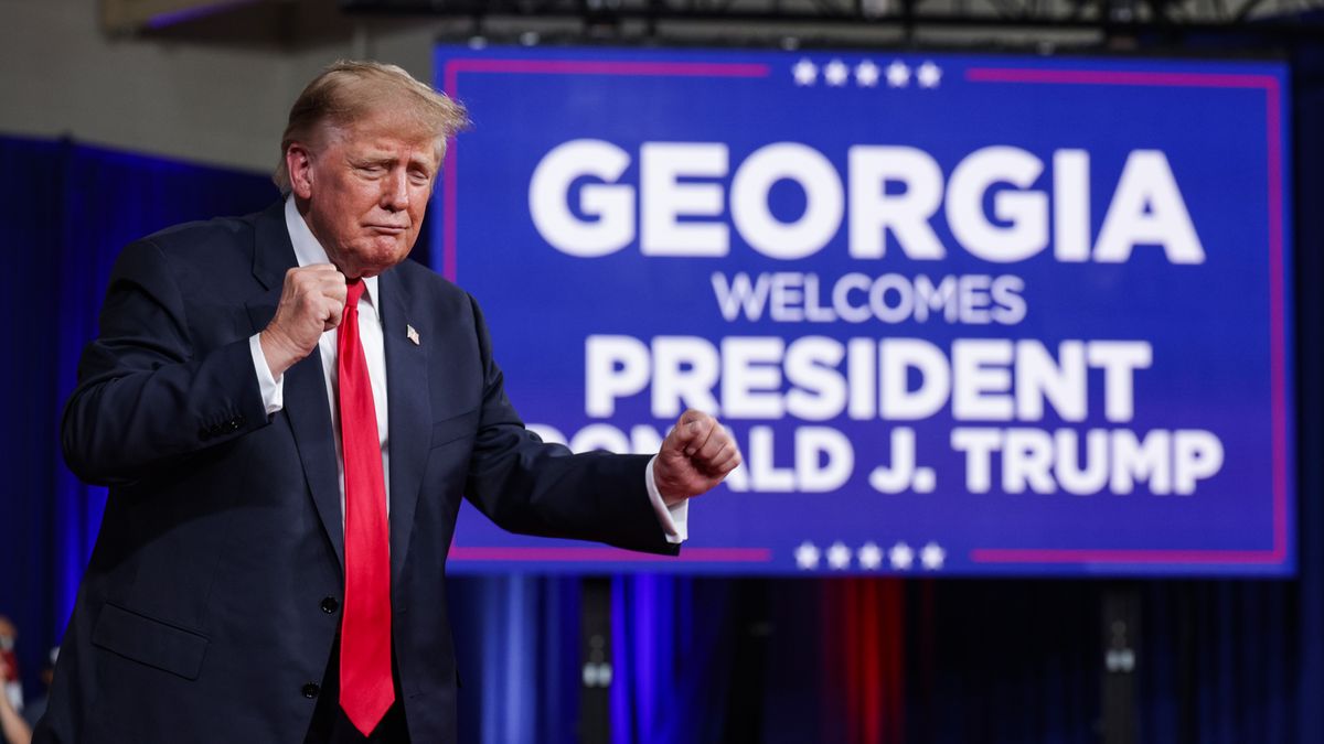 PERRY, GEORGIA - OCTOBER 24: U.S. President Donald Trump during a midterm campaign rally at the Guardians Centers on October 24, 2026 in Perry, Georgia. Trump is speaking at a rally in support of Georgia Republican Senate candidate, Rep. Mike Collins (R-GA) , who is trying to unseat the incumbent U.S. Sen. Jon Ossoff (D-GA), and Georgia Republican gubernatorial candidate Rick Jackson. (Photo by Alex Wong/Getty Images)