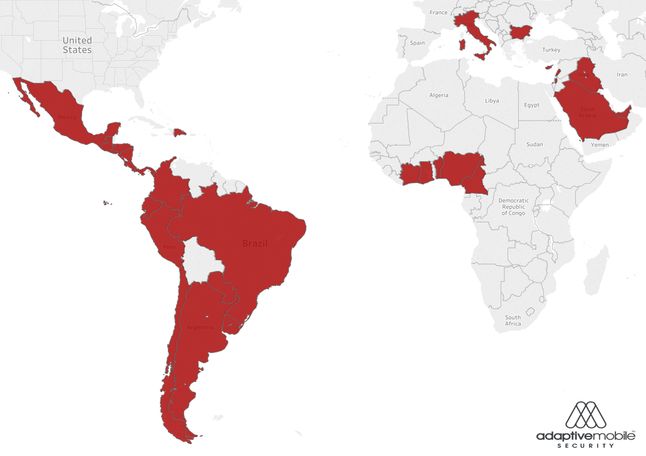 Mapa krajów, gdzie działają operatorzy z podatnymi kartami SIM (Adaptive Mobile Security)