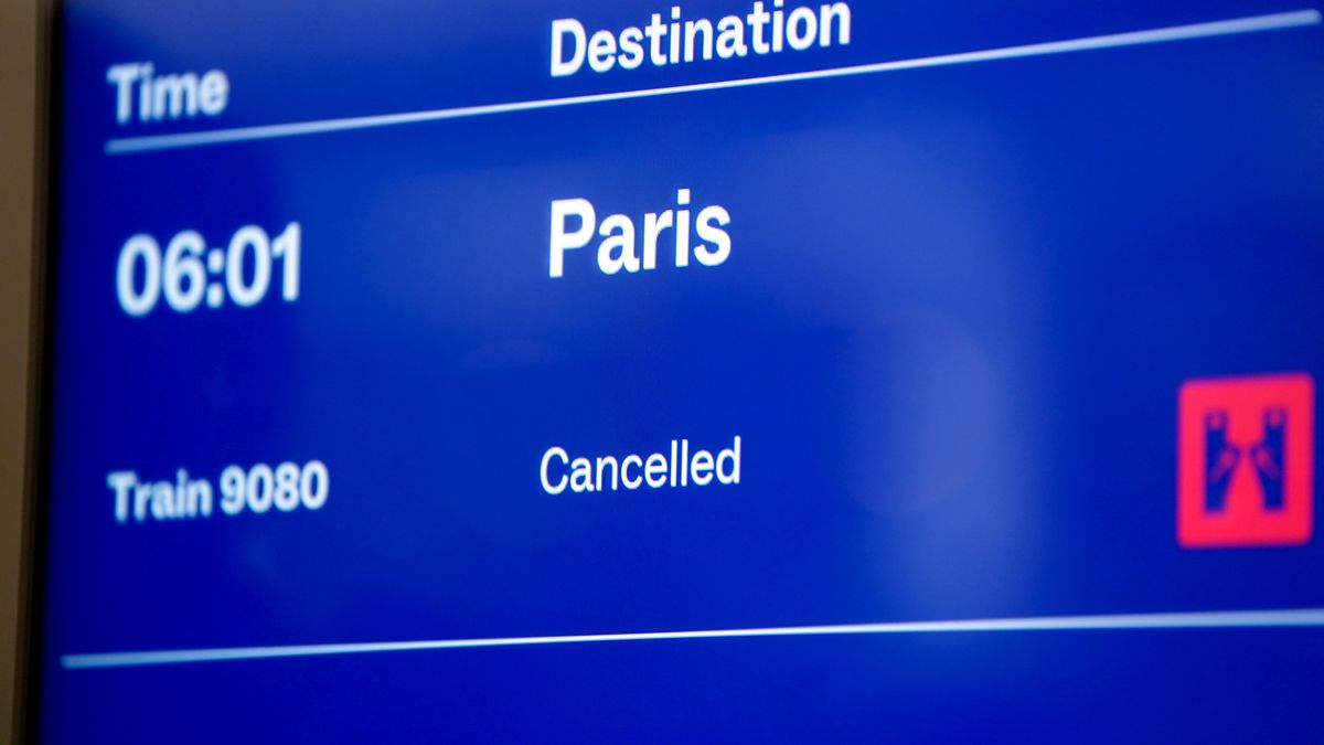A cancelled train to Paris, visible on a departures screen at St Pancras International station in London, after Eurostar trains to the capital have been halted following the discovery of an unexploded Second World War bomb near the tracks in Paris. Picture date: Friday March 7, 2025. (Photo by James Manning/PA Images via Getty Images)