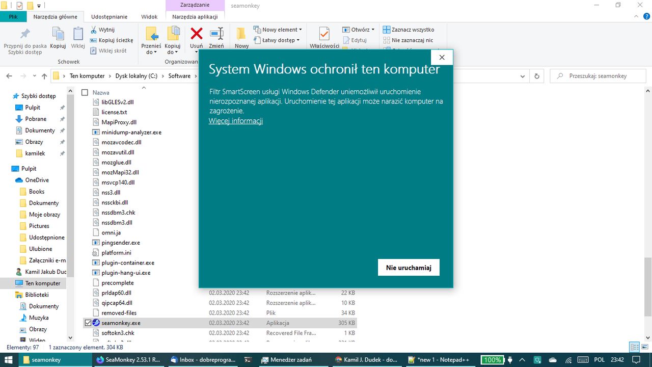 Czas mija, a Defender SmartScreen wciąż podejrzewa, że SeaMonkey to wirus, bo jego EXE jest tak rzadkie w naturze! (fot. Kamil Dudek)