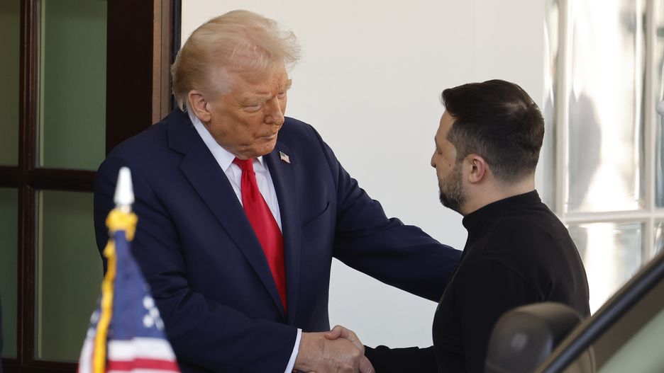 WASHINGTON, DC - FEBRUARY 28: (L-R) U.S. President Donald Trump greets Ukrainian president Volodymyr Zelensky as he arrives at the White House on February 28, 2025 in Washington, DC. Trump and Zelensky are meeting today to sign a preliminary agreement on sharing Ukraine’s mineral resources that Trump says will allow America to recoup aid provided to Kyiv while supporting Ukraine’s economy. (Photo by Chip Somodevilla/Getty Images)