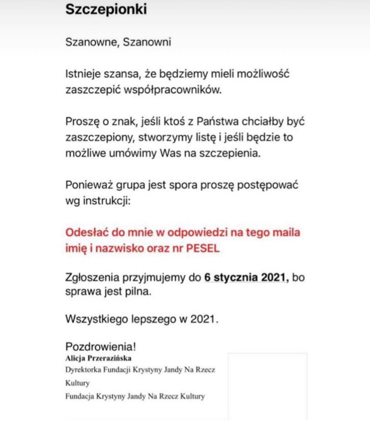 Mail od dyrektorki Fundacji Krystyny Jandy