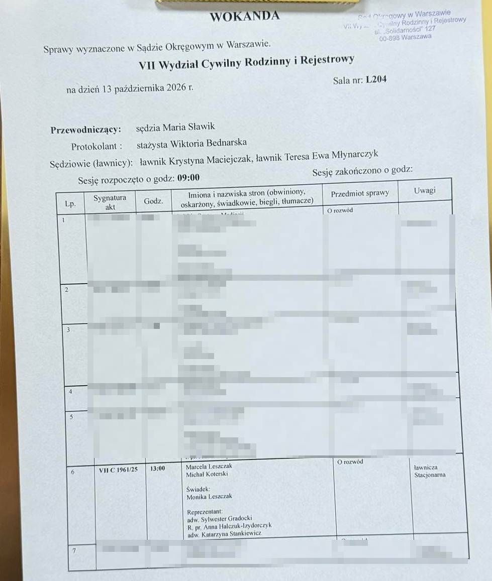 Rozprawa rozwodowa Marceli Leszczak i Michała Koterskiego
