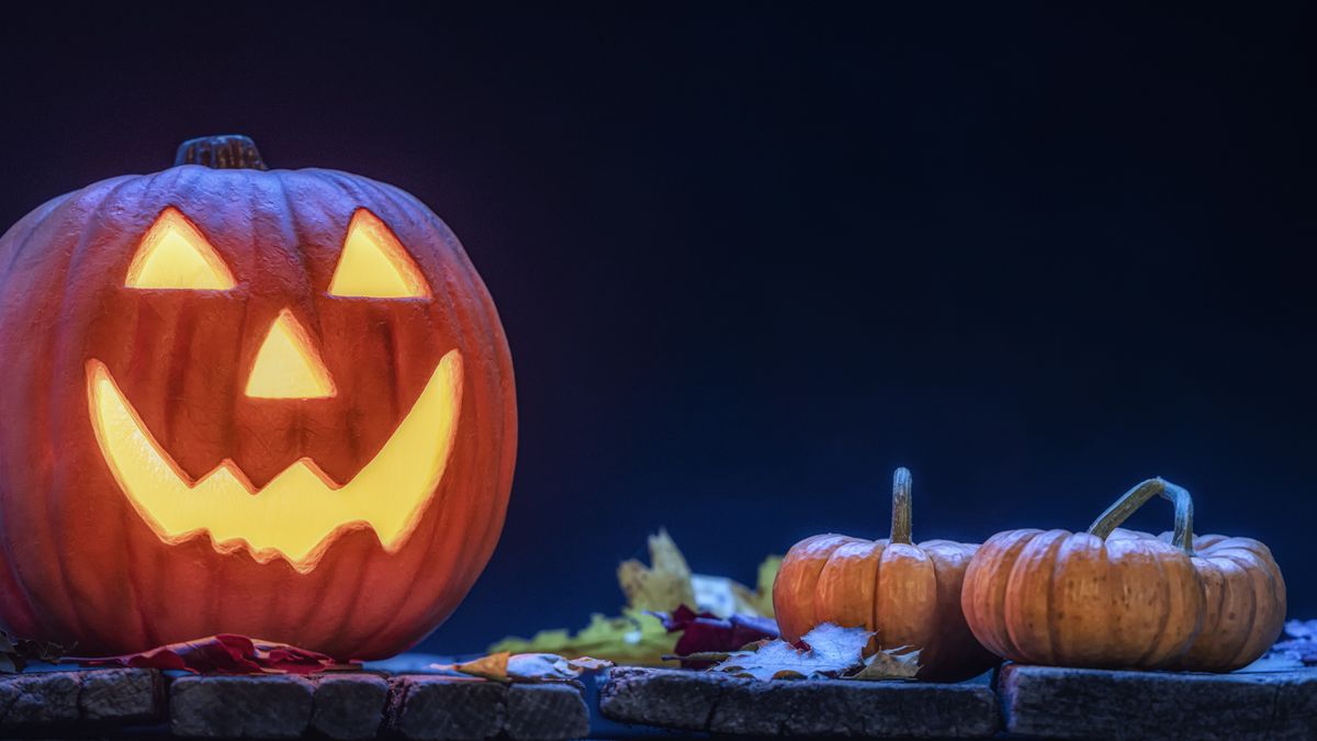 A pumpkin carved into a smiling Jack O’ Lantern sitting on an old wooden porch with small pumpkins and fallen leaves as a Halloween decoration. It is glowing from the light within and accented by the blue moon light.
