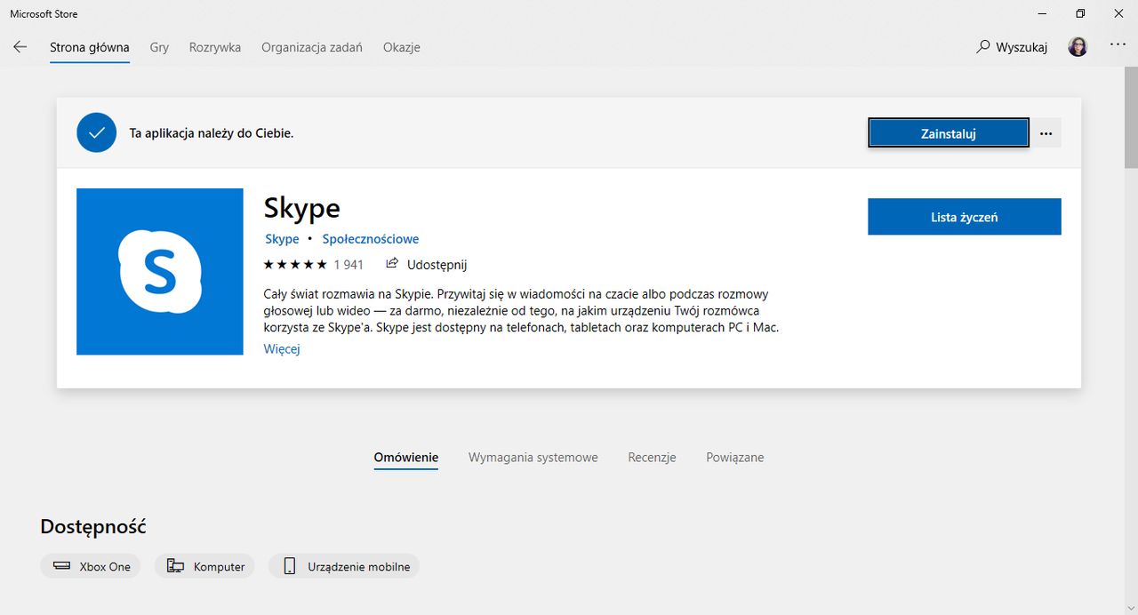 Jeden z ośmiuset dwudziestu pięciu klientów Skype'a dla Windows
