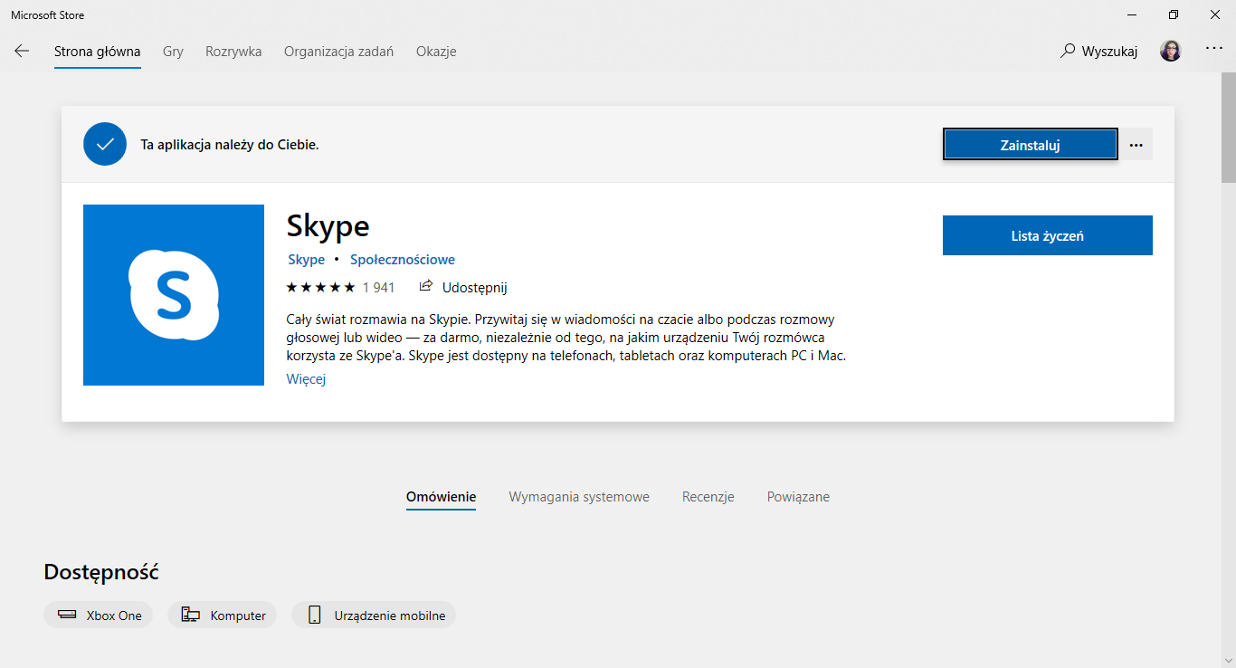 Jeden z ośmiuset dwudziestu pięciu klientów Skype'a dla Windows