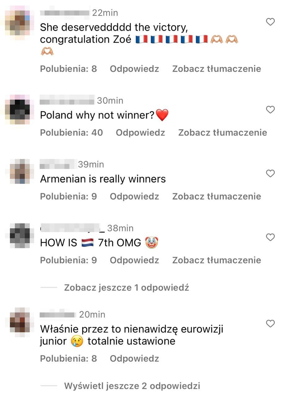 Komentarze pod wynikami Eurowizji Junior