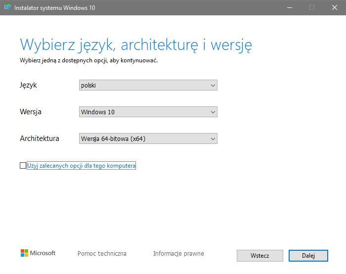 Etap wyboru architektury i wersji systemu.