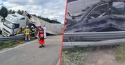 Wrocław: Wypadek pod miastem. Ciężarówka kompletnie zablokowała przejazd przez drogę. Auto leży na boku