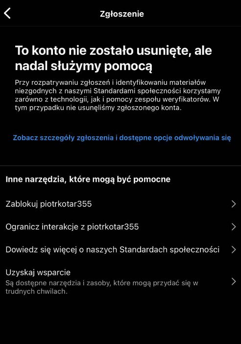 formularz odpowiedzi z Facebooka na zgłoszenie fałszywego konta