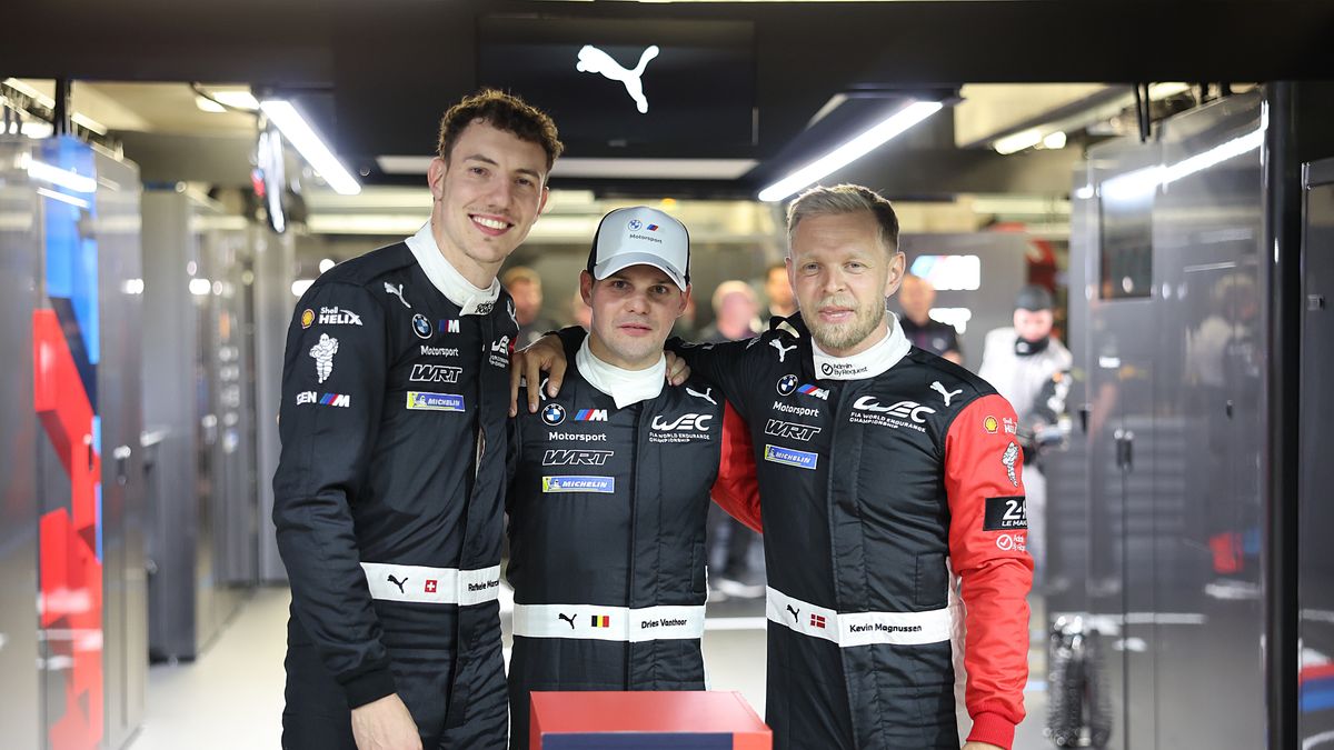 LE MANS, FRANCE - JUNE 11: The #15 BMW M Team WRT BMW M Hybrid V8 of Kevin Magnussen, Raffaele Marciello and Dries Vanthoor celebrate pole position during practice/hyperpole ahead of the Le Mans 24 Hours at the Circuit de la Sarthe on June 11, 2026 in Le Mans, France.  (Photo by Jakob Ebrey/LAT Images)