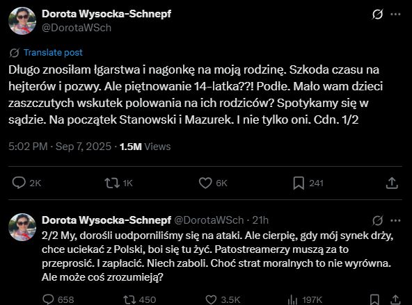 Wpis Doroty Wysockiej-Schnepf na portalu X