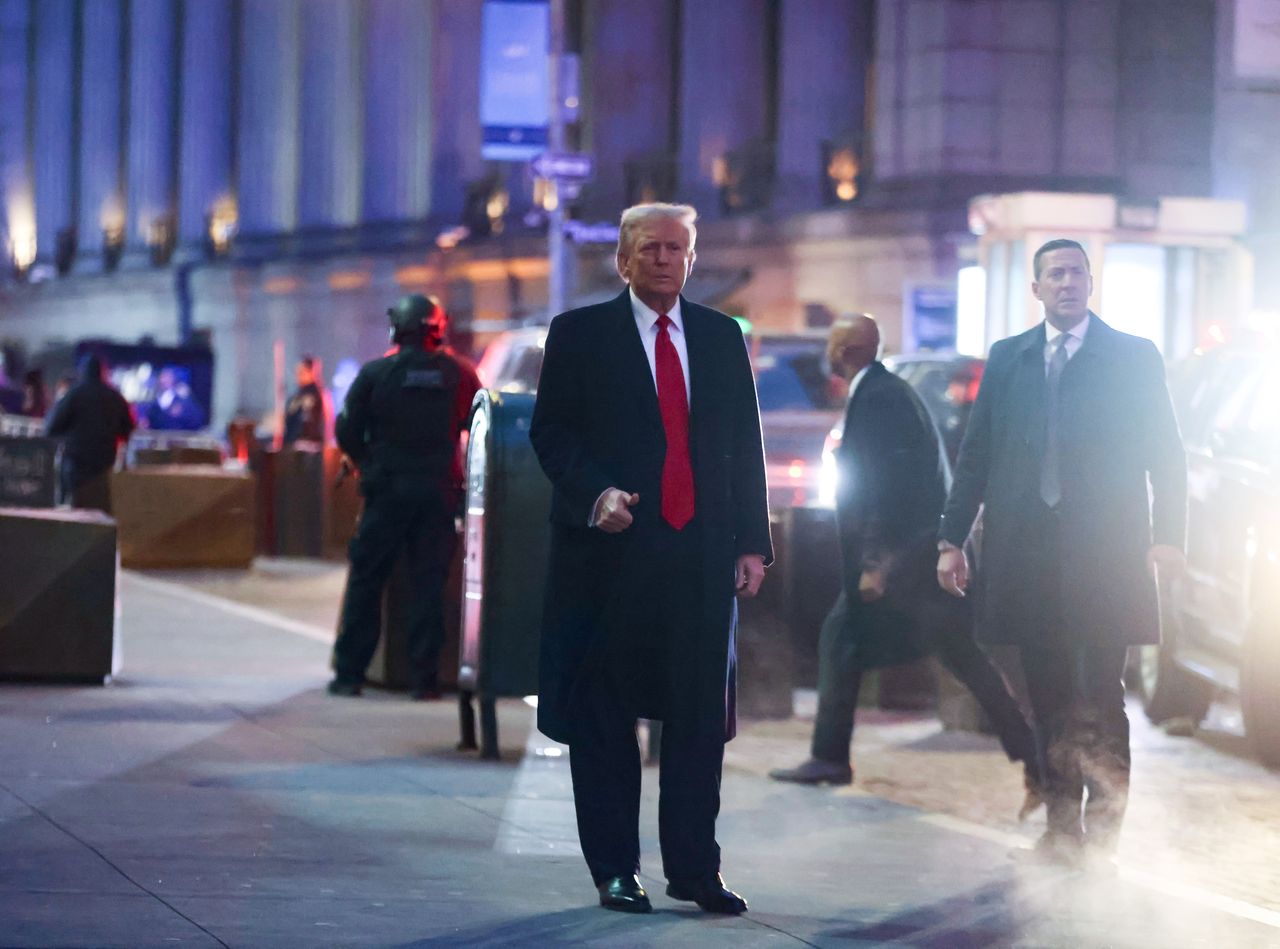 NEW YORK, UNITED STATES - JANUARY 17: Former US president and 2024 presidential candidate Donald Trump arrives at 40 Wall Street to address the media following the leaving the second day of his defamation trial involving former magazine columnist E. Jean Carroll at Manhattan federal court in New York, United States on January 17, 2024. (Photo by Selcuk Acar/Anadolu via Getty Images)