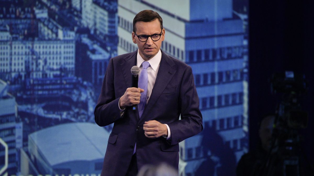 Polish Prime Minister Mateusz Morawiecki is seen at the Law and Justice party conference on 13 May, 2023 in Warsaw, Poland. (Photo by Jaap Arriens/NurPhoto via Getty Images)