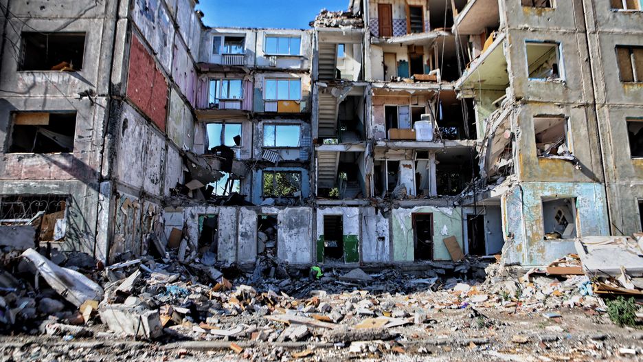 MYRNOHRAD, UKRAINE - OCTOBER 9: Rubble remains at a residential building destroyed by Russian shelling on October 9, 2024 in Myrnohrad, Ukraine. Since the onset of Russia's offensive to reach Pokrovsk in July 2024, their forces have advanced increasingly closer to Myrnohrad. The population was ordered to evacuate, with about 20,000 people remaining in the city. (Photo by Yan Dobronosov/Global Images Ukraine via Getty Images)