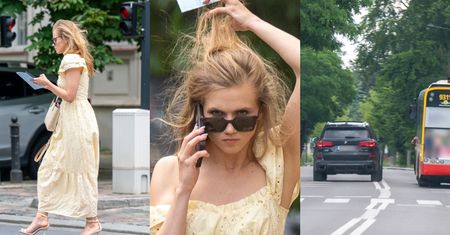 Agnieszka Kaczorowska snuje się po mieście z nosem w telefonie i wyprzedza autobus na podwójnej ciągłej