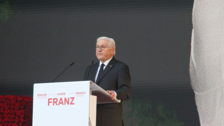 MUNICH, GERMANY - JANUARY 19: Frank-Walter Steinmeier, president of Germany, speaks during a memorial service for the late Franz Beckenbauer (1945 - 2024) at Allianz Arena on January 19, 2024 in Munich, Germany. Beckenbauer, the unique 'Kaiser', died on January 7, 2024 at the age of 78 surrounded by his family. (Photo by Arthur Thill ATPImages/Getty Images)