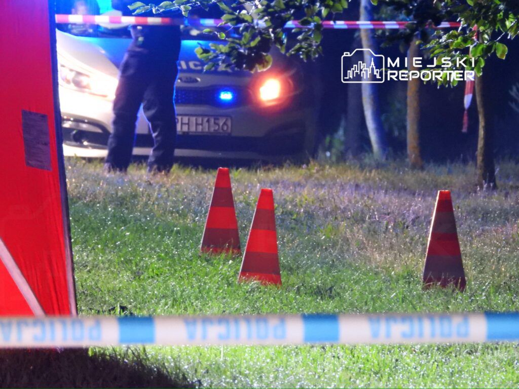 Na zdjęciu widać miejsce zdarzenia, gdzie interweniuje policja. W tle znajduje się radiowóz z włączonymi sygnałami świetlnymi. Na trawie umieszczono pachołki ostrzegawcze oraz taśmę zabezpieczającą. Scena oświetlona jest niebieskim światłem, co wskazuje na poważną sytuację.