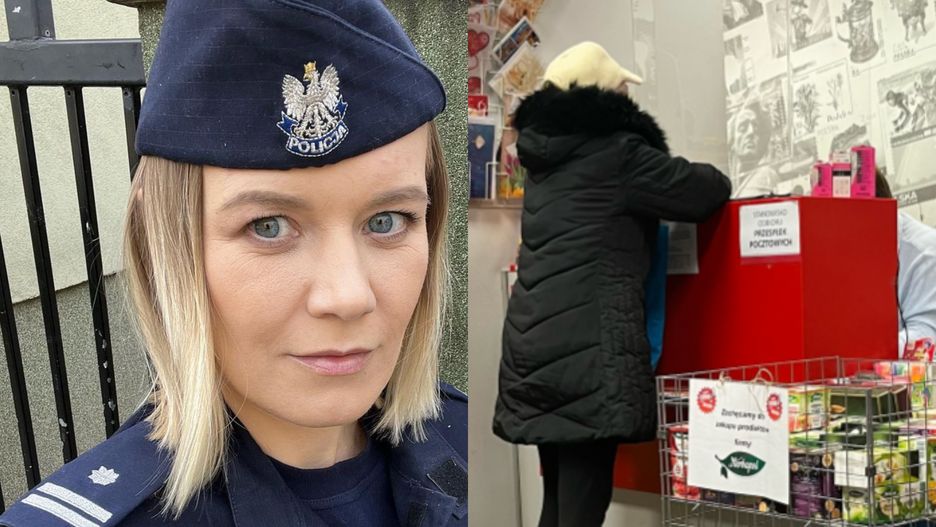Policjantka przestrzega seniorów na poczcie