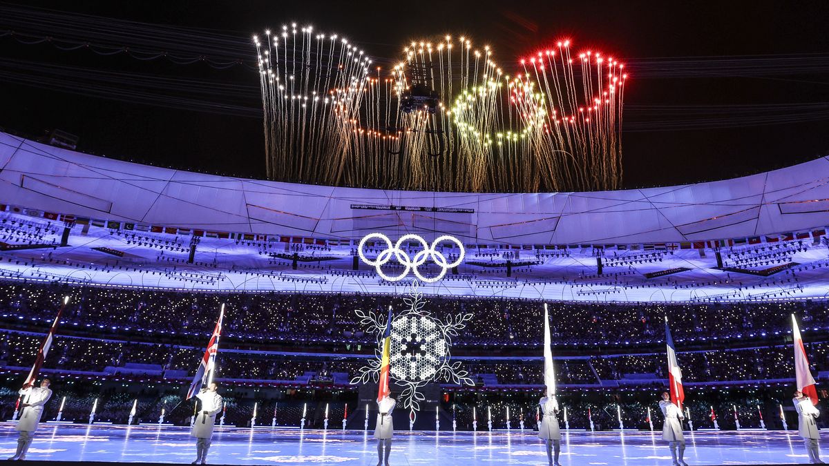 BEIJING, CHINA - FEBRUARY 20: A firework display is seen inside the stadium alongside the Olympic rings during the Beijing 2022 Winter Olympics Closing Ceremony on Day 16 of the Beijing 2022 Winter Olympics at Beijing National Stadium on February 20, 2022 in Beijing, China. (Photo by Maja Hitij/Getty Images)