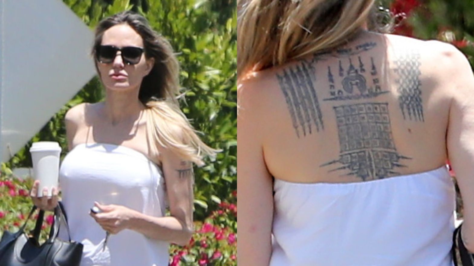 Angelina Jolie wyskoczyła po kawę i odsłoniła GIGANTYCZNY TATUAŻ na plecach. Widzieliście, iż ma taką dziarkę? (FOTO)
