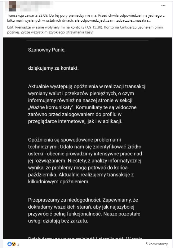 Wpis na grupie facebookowej Oszukani przez CINKCIARZ.PL