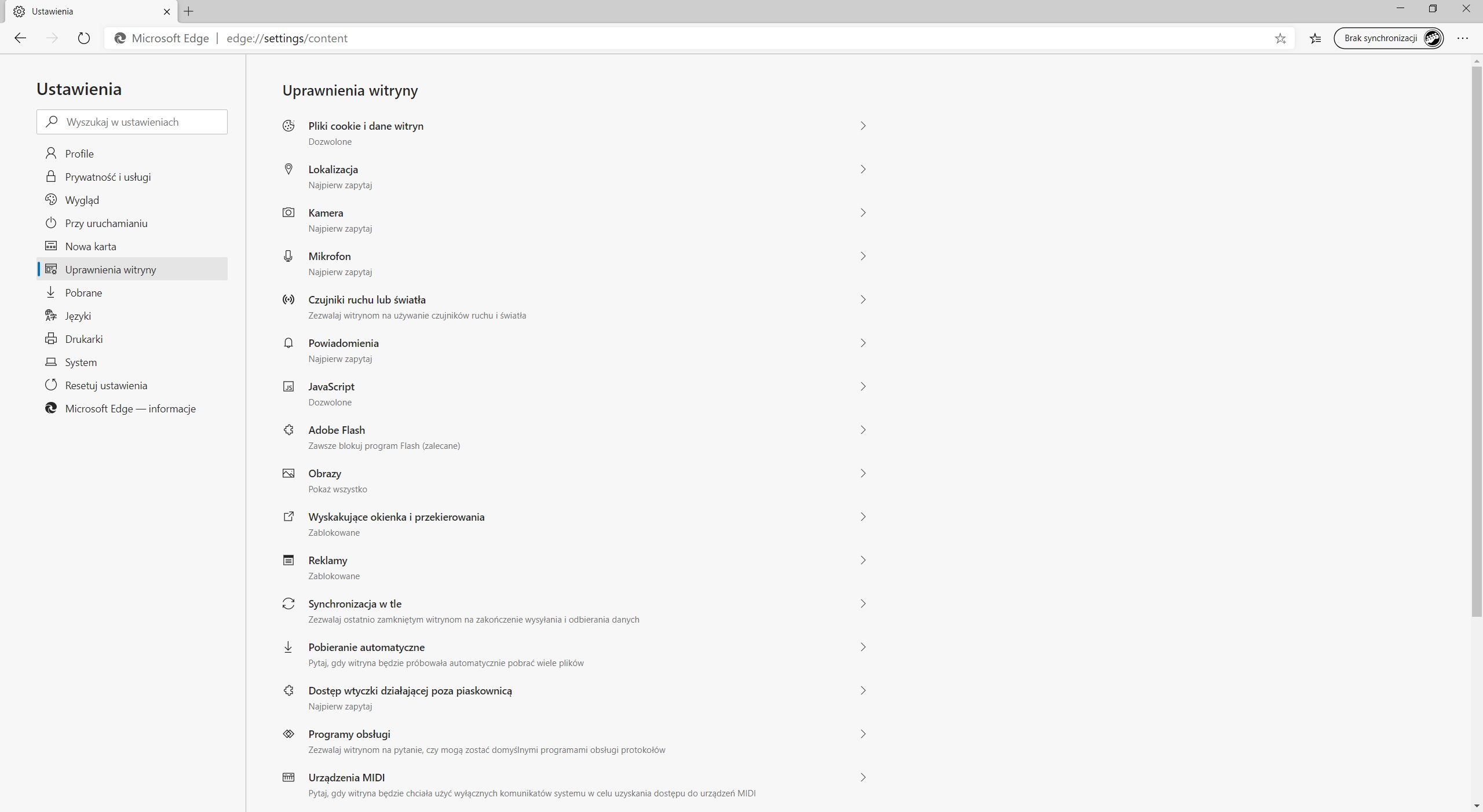 Opcje dotyczące uprawnień witryn.