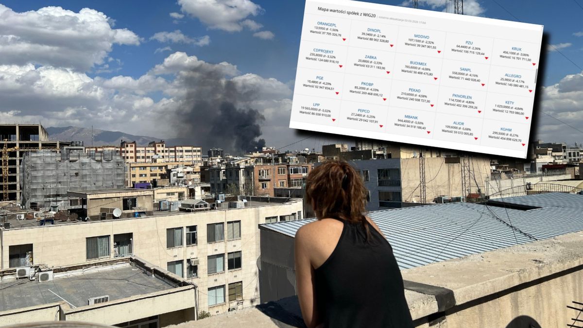 Dym nad Teheranem po ataku USA i Izraela na Iran, 1 marca 2026, oraz grafika z wtorkowym kursem akcji spółek z WIG20