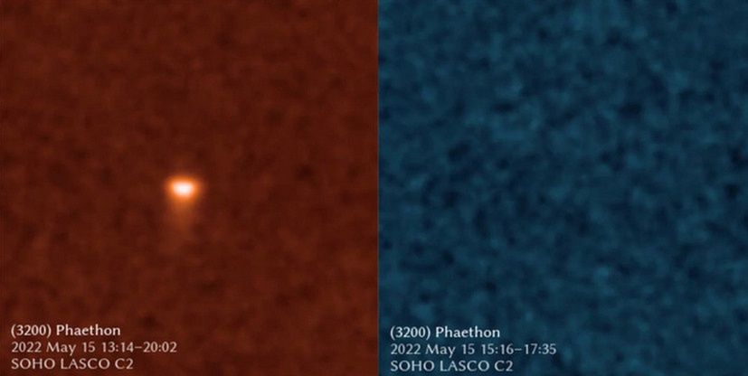 Obraz z sondy SOHO z filtrem pomarańczowym. Wykrywa on sód, a pokazuje jasno świecącą asteroidę 3200 Phaethon
