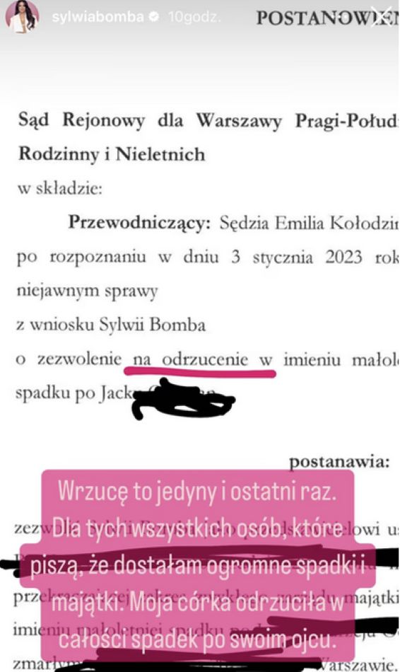 Sylwia Bomba zrzekła się w imieniu córki praw do spadku po Jacku Ochmanie